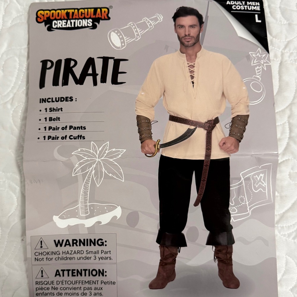 Spooktacular Creations Pirate Costume Mens L Tan Black NEW Medieval 4pc Set